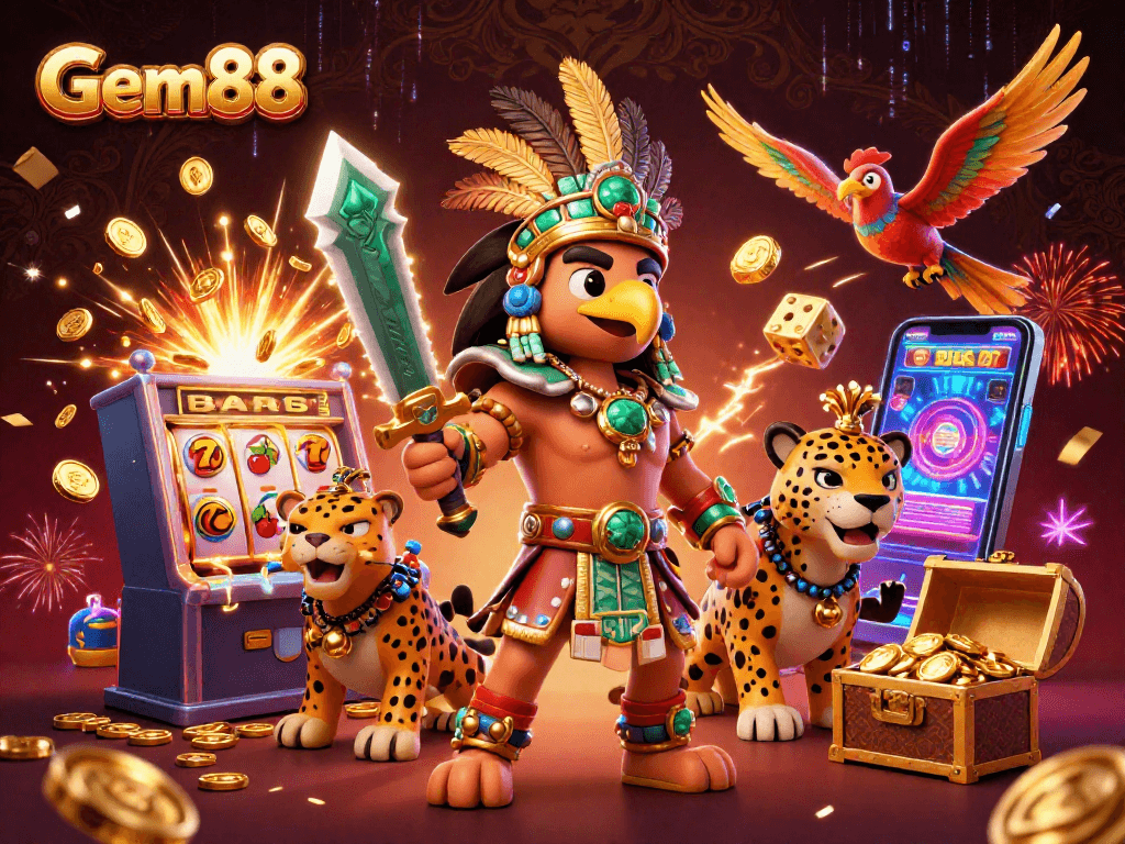 Win big with Gem88, featuring 3D Aztec characters in a vibrant casino explosion.