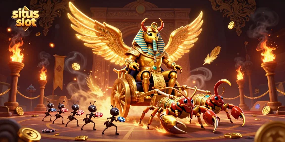 Experience the thrill of situs slot with a golden scarab beetle leading a dynamic casino scene.