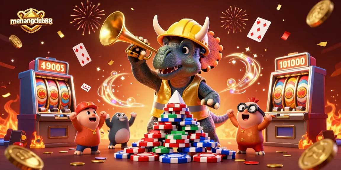 Experience winning thrills at menangclub88 with an adventurous cartoon illustration of dinosaur characters celebrating in a casino.
