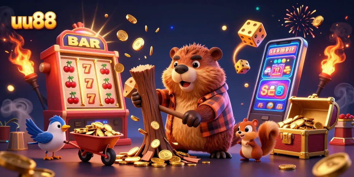 uu88 brings excitement with a cartoon beaver chopping a tree raining coins, surrounded by slot machines.