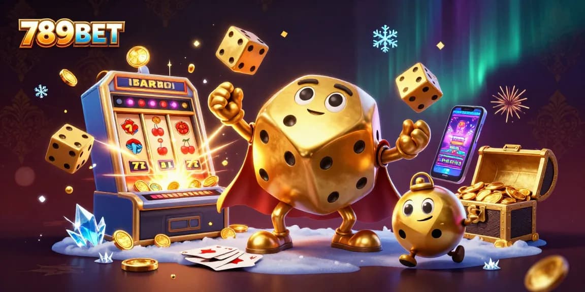 Experience thrilling gameplay at 789BET with a vibrant 3D casino illustration featuring golden dice and slot machines.