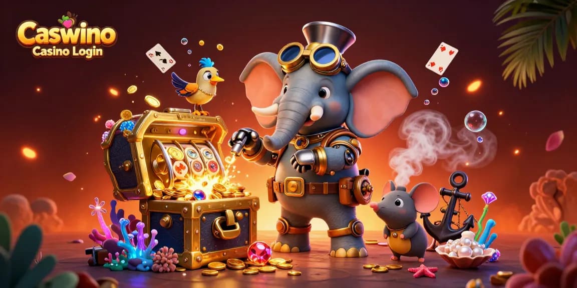 Engage with Caswino Casino Login to unveil a vibrant 3D illustration of a steampunk elephant operating a slot machine.