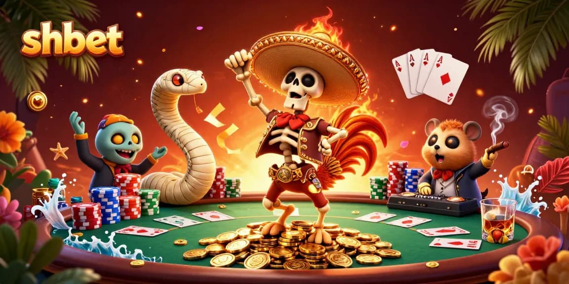Engage in thrilling gameplay with SHBET, featuring a vibrant 3D party scene of casino characters and poker elements.