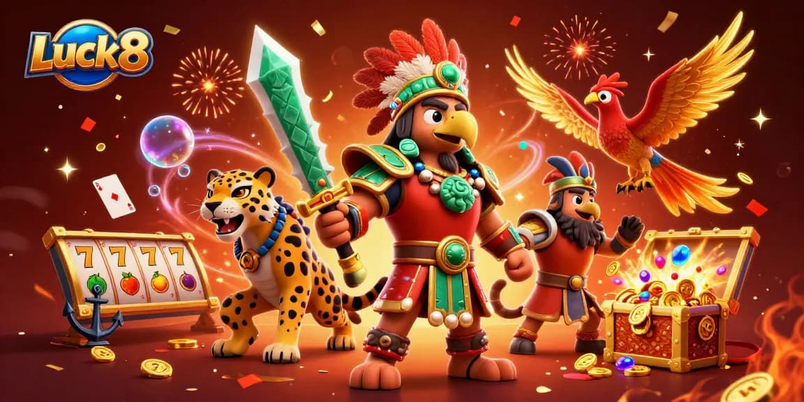 Experience thrilling Luck8 action with a vibrant casino scene featuring an Aztec warrior and rich game elements.