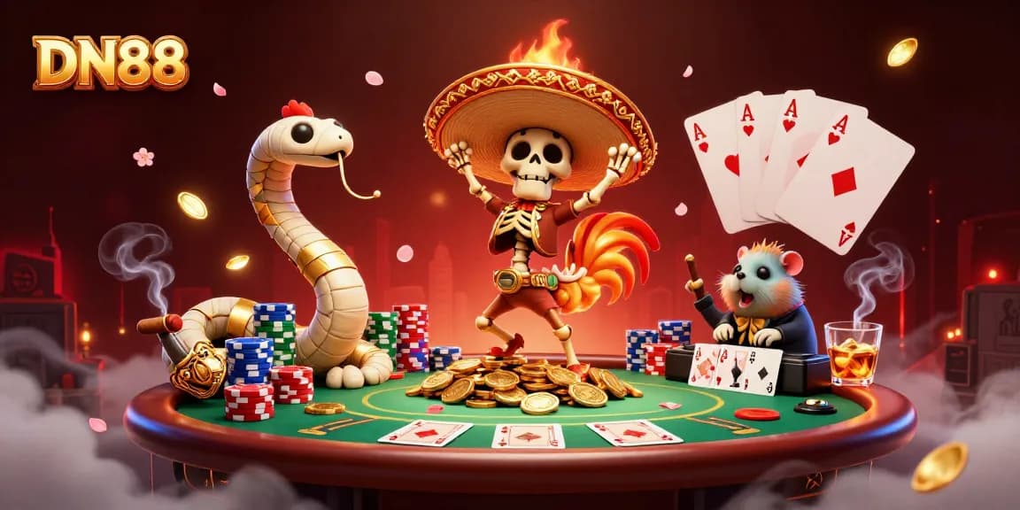 Experience DN88's excitement with cartoon skeletons and vibrant casino elements in a 3D illustration.