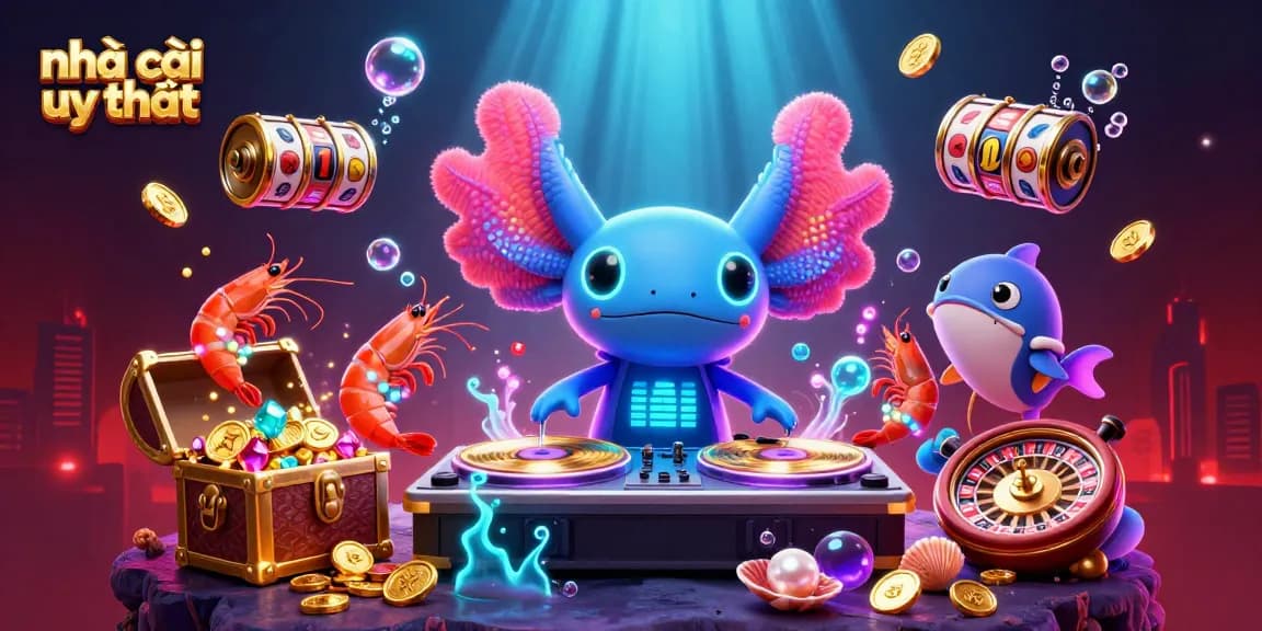 Experience the vibrant world of nhà cái uy tín with a neon-themed casino scene featuring animated characters and rich casino elements.