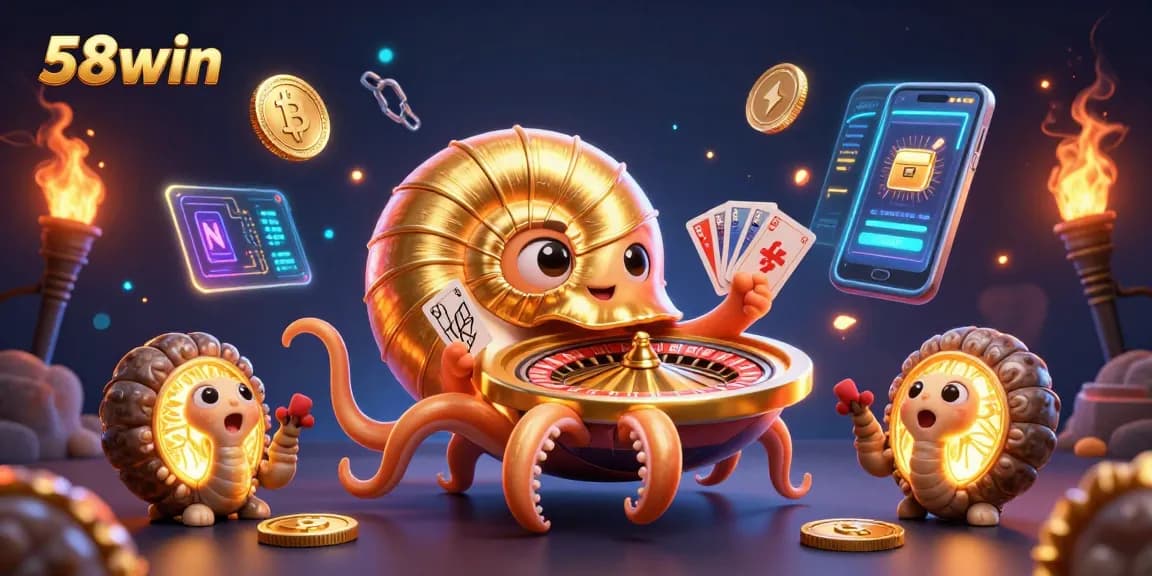Engage with dynamic 58win casino games featuring a 3D nautilus roulette wheel and glowing crypto coins.