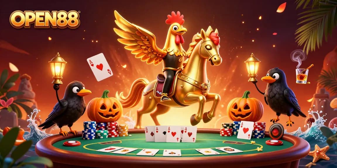 Experience thrilling gameplay at OPEN88 with a dynamic casino illustration featuring poker elements.
