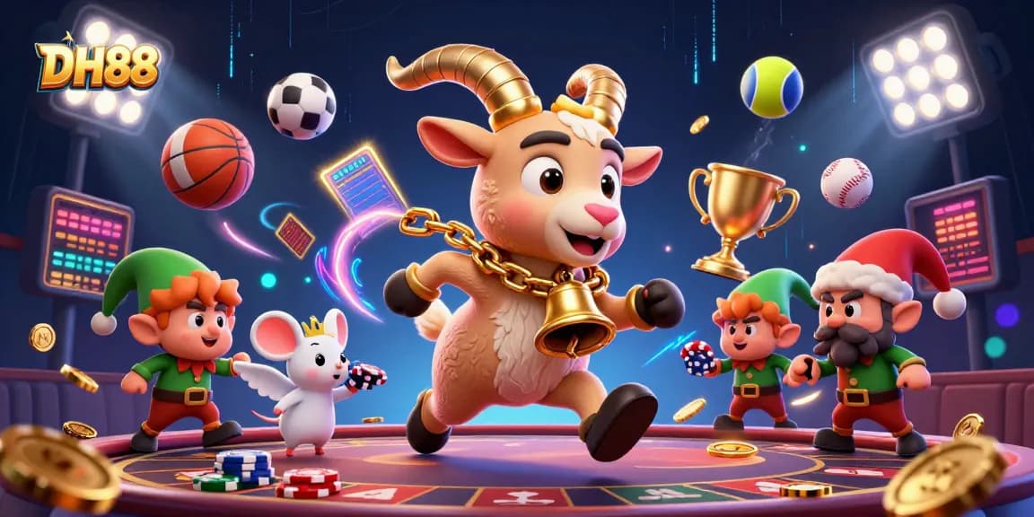 Experience VIP gaming with DH88's festive casino scene featuring cartoon characters and sports elements.