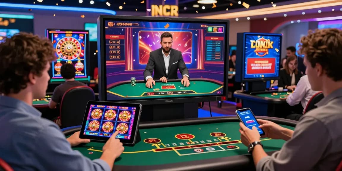Players exploring new online casinos on digital devices with vibrant game graphics and live interactions.