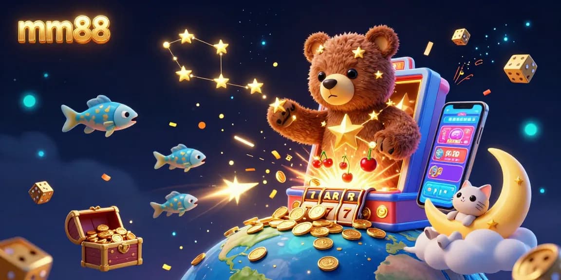 Join the excitement at mm88 with a cosmic slot jackpot explosion and playful mythical characters.