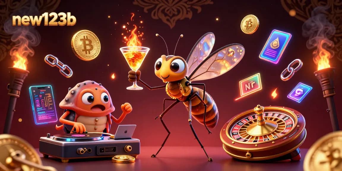 Experience thrilling wins at new123b with a lively 3D casino illustration showcasing unique characters and crypto elements.