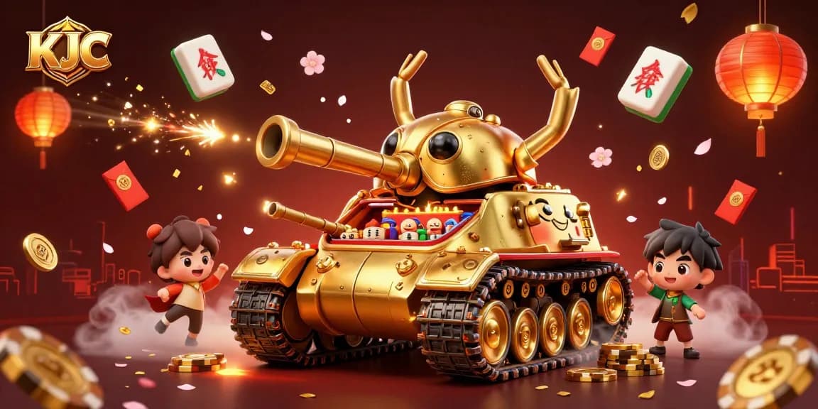 KJC showcases a dynamic 3D cartoon casino scene with a golden beetle tank and vibrant gambling elements.