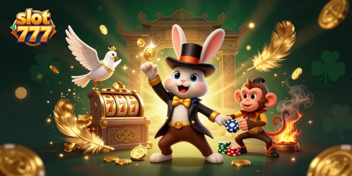 Engage with exciting slot 777 games as a magician rabbit pulls golden coins in a vibrant casino scene.