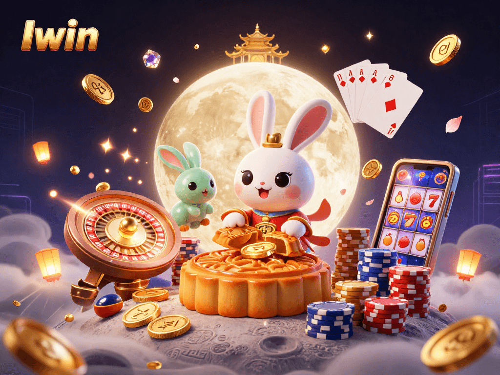 Iwin showcases an enchanting scene with a moon rabbit revealing poker chips, surrounded by casino elements.