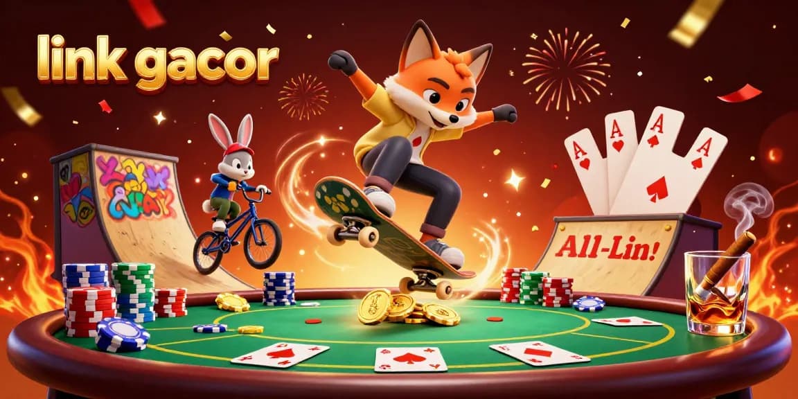 Showcasing the vibrant energy of link gacor with characters performing tricks amidst dynamic casino elements and colorful decorations.
