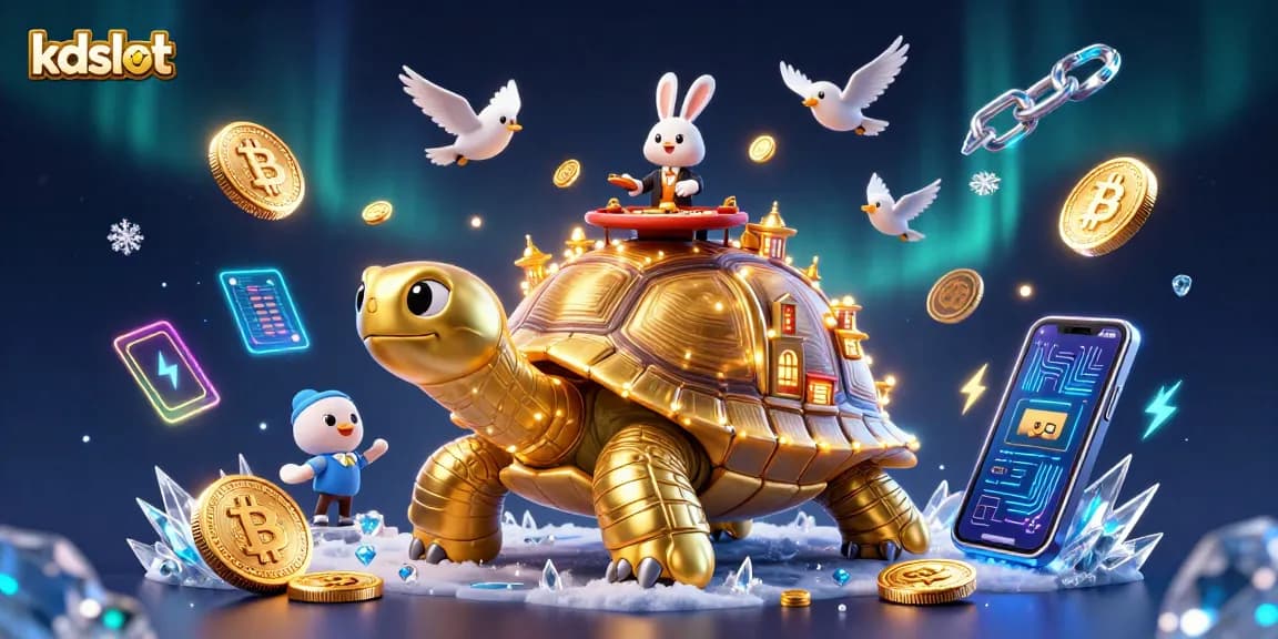 Experience the thrilling kdslot casino with a golden tortoise and vibrant game elements.