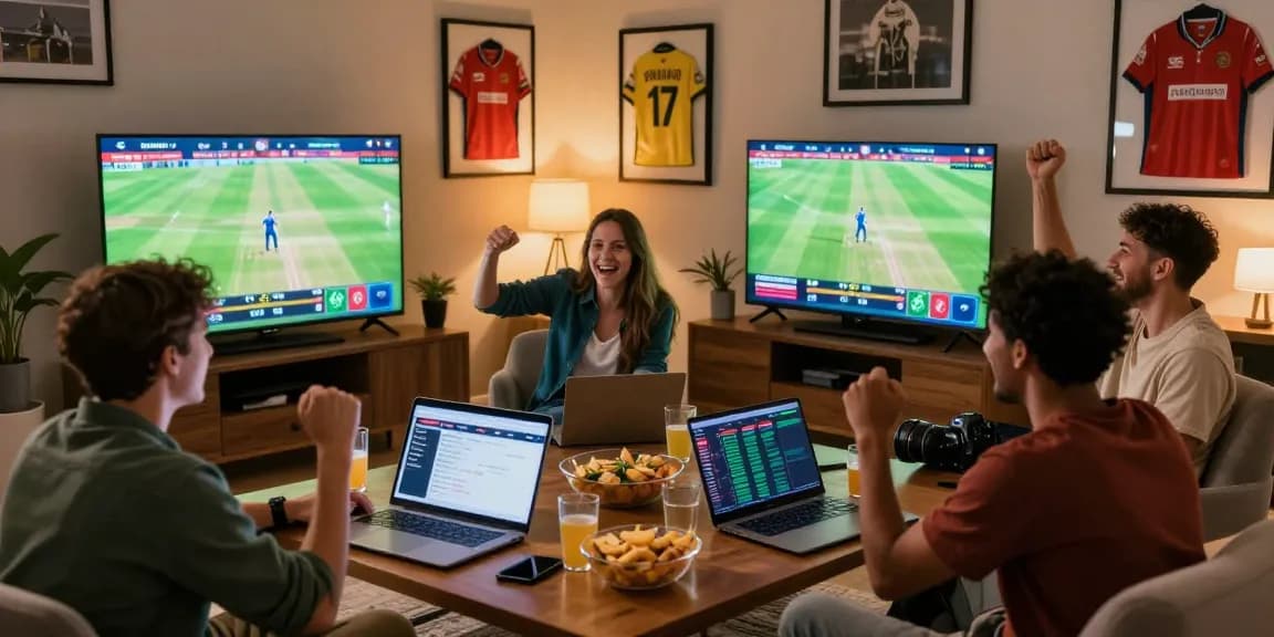 Friends enjoying a lively Velki Live sports betting experience in a modern living room.