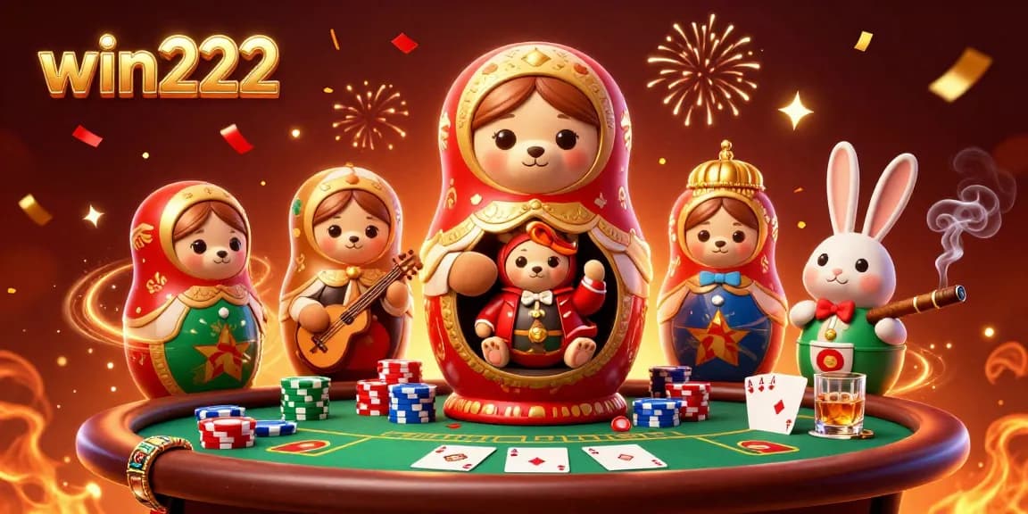 Win222 showcases a vibrant 3D casino scene with cartoon elements and poker excitement.
