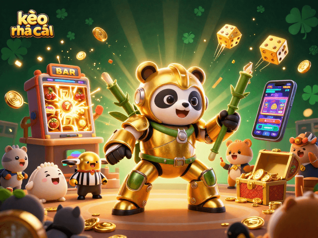 Experience high-octane casino action with kèo nhà cái featuring a panda in a mech suit amidst exploding jackpots and vibrant game elements.