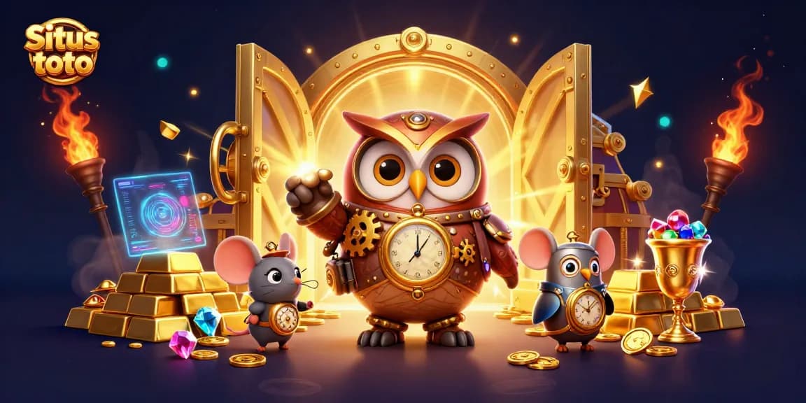 Experience vibrant winnings at Situs toto with dynamic casino scenes featuring a steampunk owl and treasures.