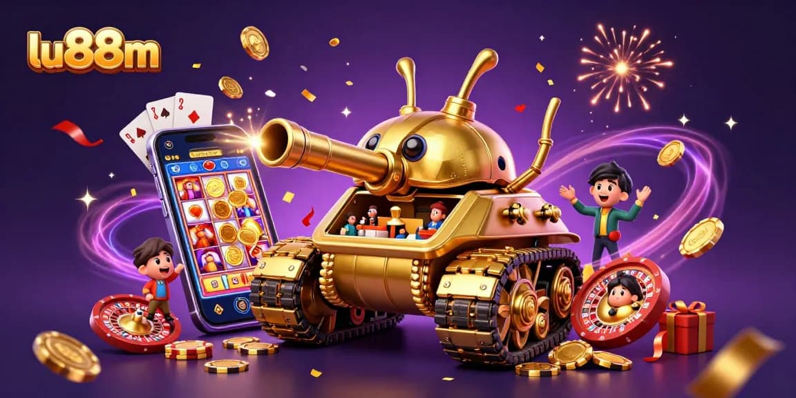Experience thrilling gaming on lu88m with a dynamic casino-themed 3D illustration featuring exciting elements.
