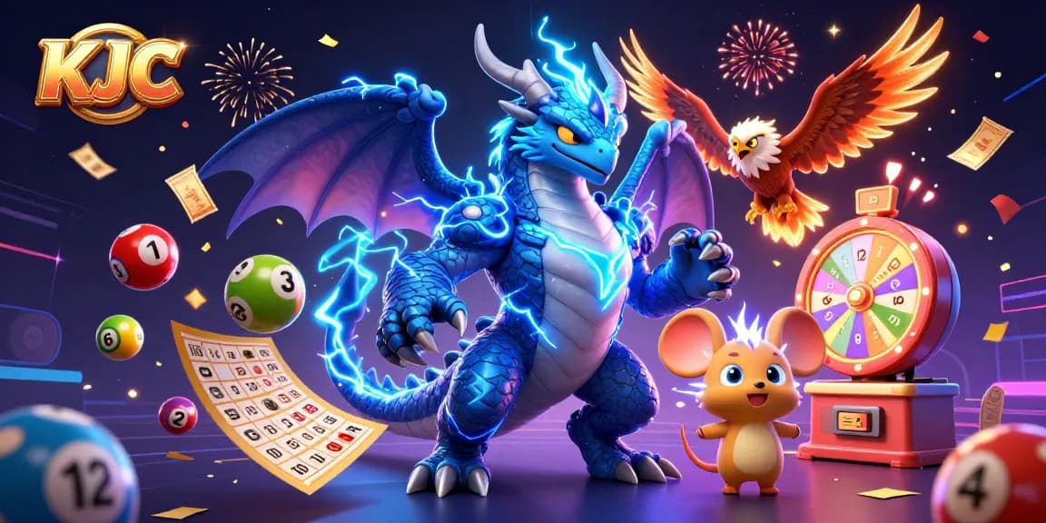 KJC presents a dynamic illustration of a thunder dragon, wind hawk, and thunder mouse amidst vibrant lottery elements and golden confetti.