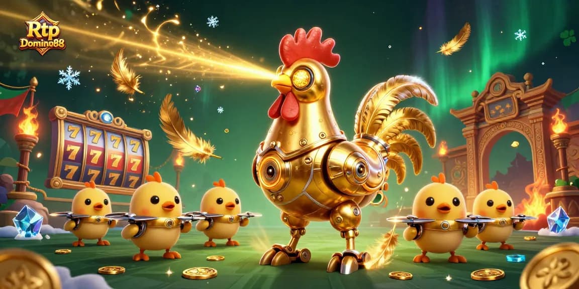 Win big with Rtp Domino88 as a golden rooster robot leads a vibrant casino scene.