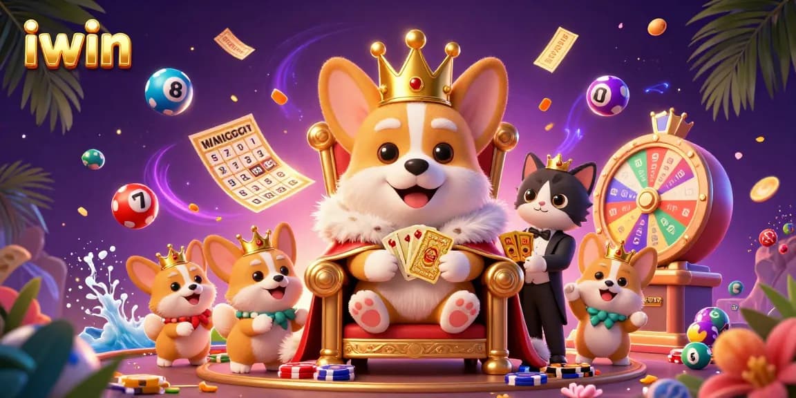 iwin presents a vibrant 3D scene with a royal corgi on a poker throne amidst lottery excitement.