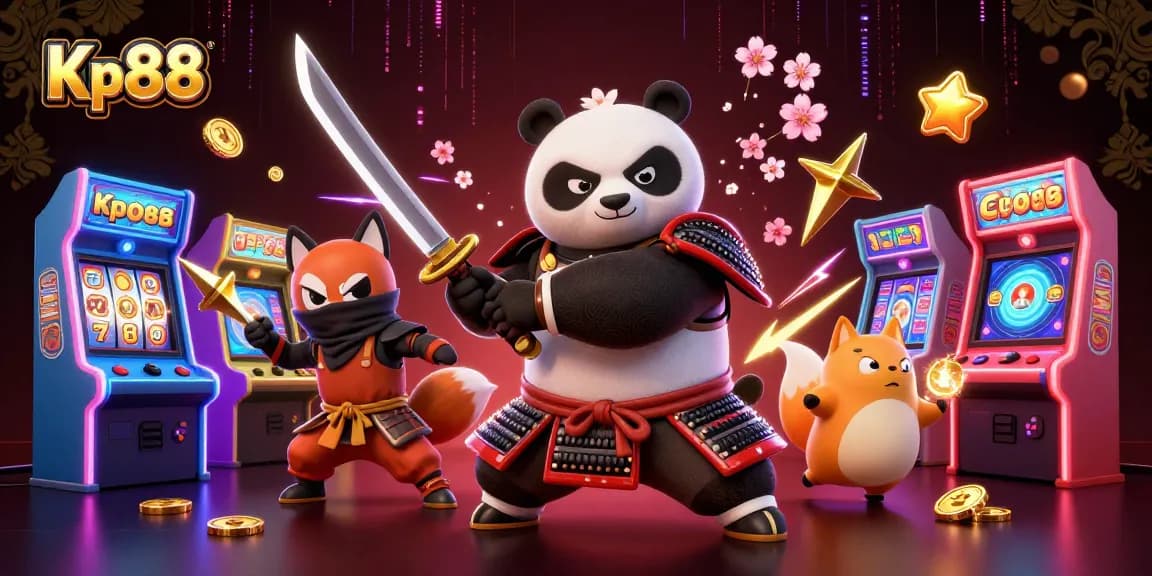 Kp88 offers thrilling casino adventures with samurai panda and ninja fox battling in a colorful game world.