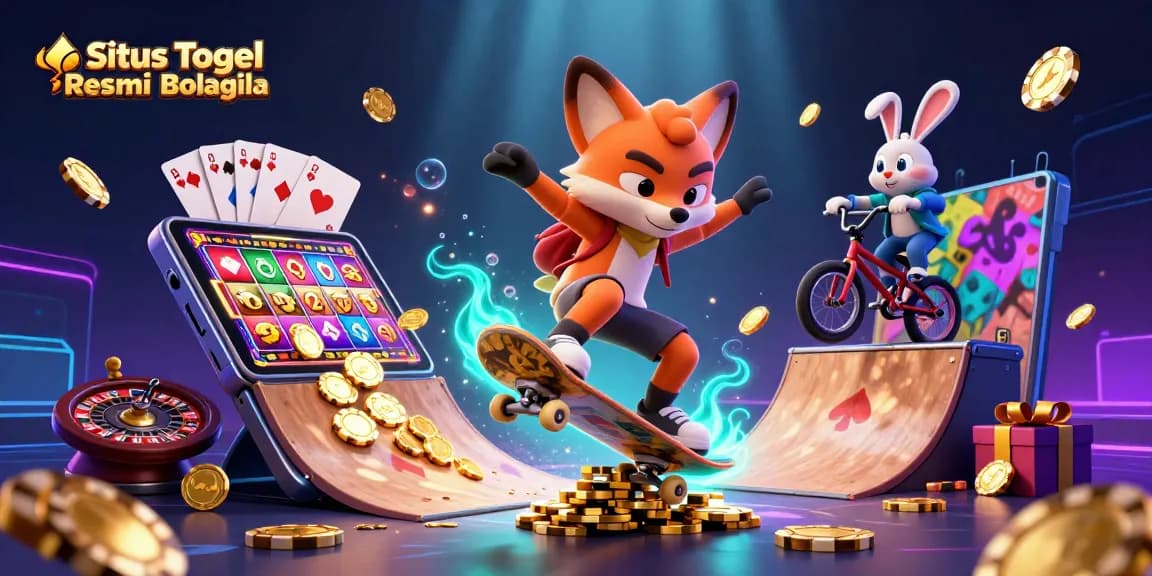 Situs Togel Resmi Bolagila menampilkan ilustrasi kasino 3D dengan karakter kartun dan elemen permainan yang memukau.