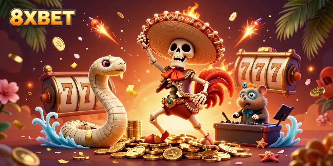 Experience exciting games at 8XBET with vibrant characters and slot machines in a lively casino scene.