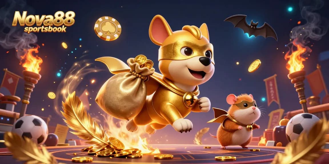 Engage with Nova88 sportsbook's thrilling atmosphere featuring dazzling characters, sports elements, and gold.