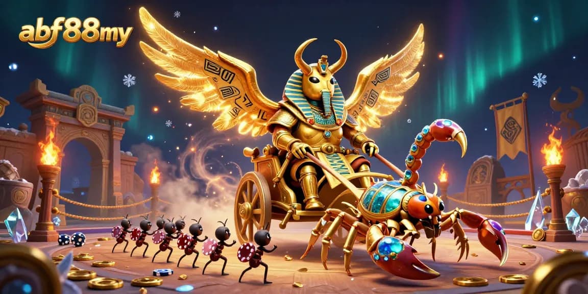 Engage with afb88my's dynamic gaming scene featuring the colossal scarab beetle and vibrant casino elements.