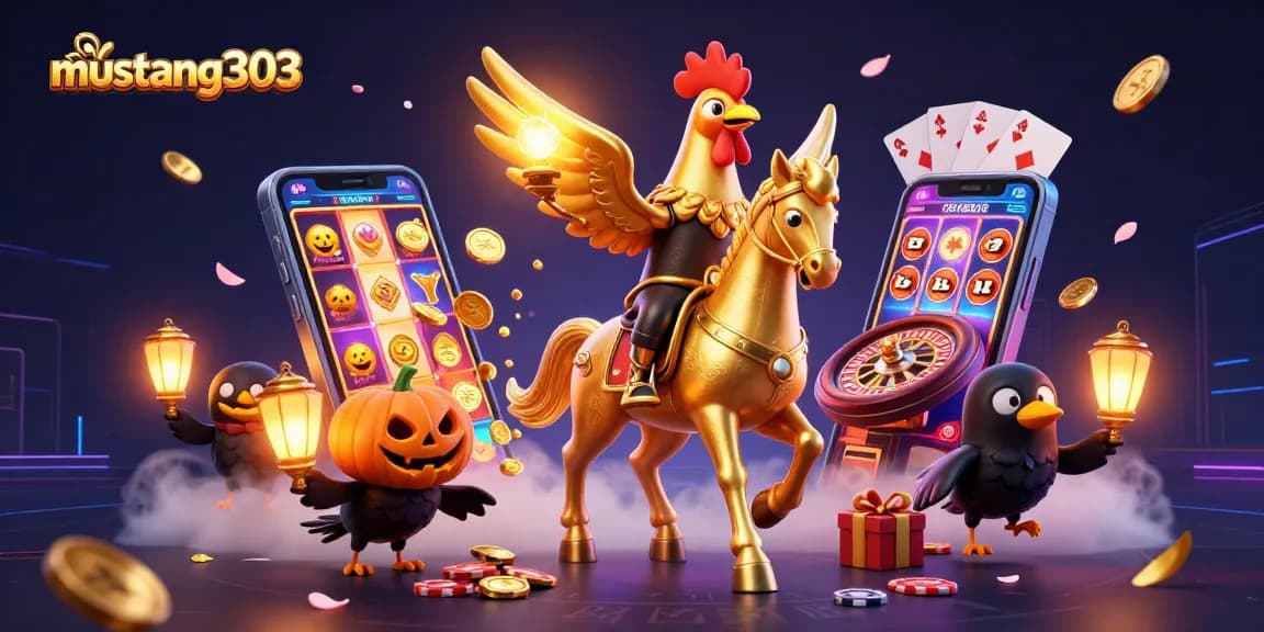 Experience the thrill of gaming at mustang303 with a dynamic 3D casino scene featuring a golden rooster and rich elements.