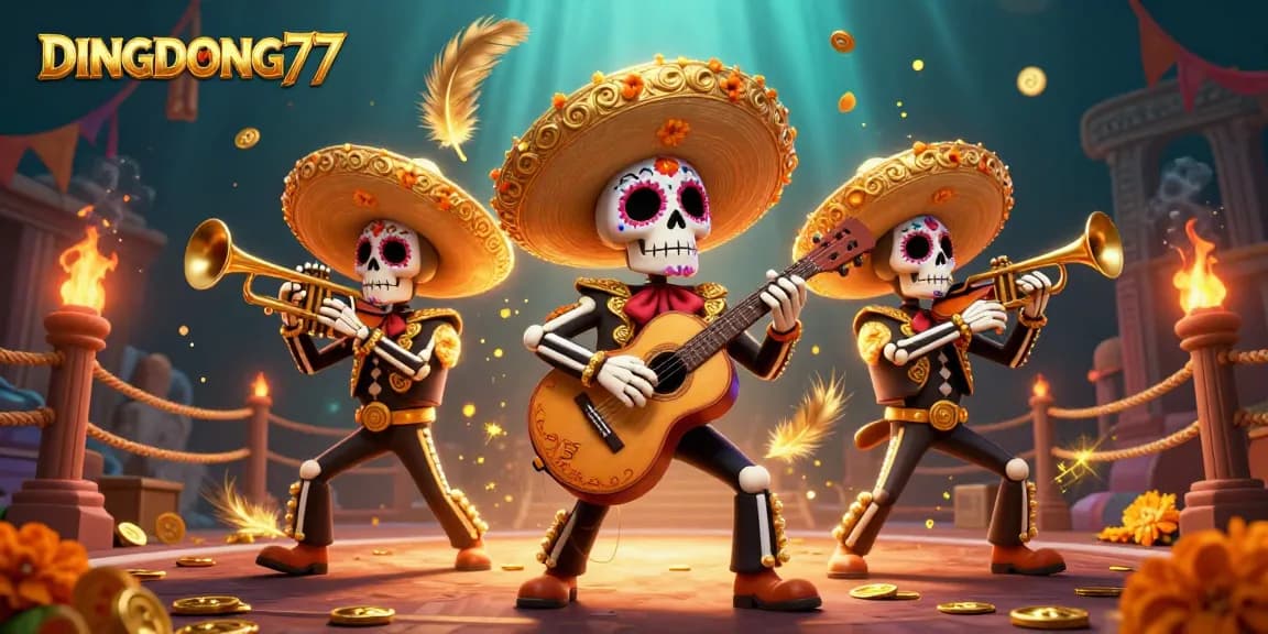 DINGDONG77 showcases a vibrant mariachi scene among gold coins and feathers in a lively casino atmosphere.