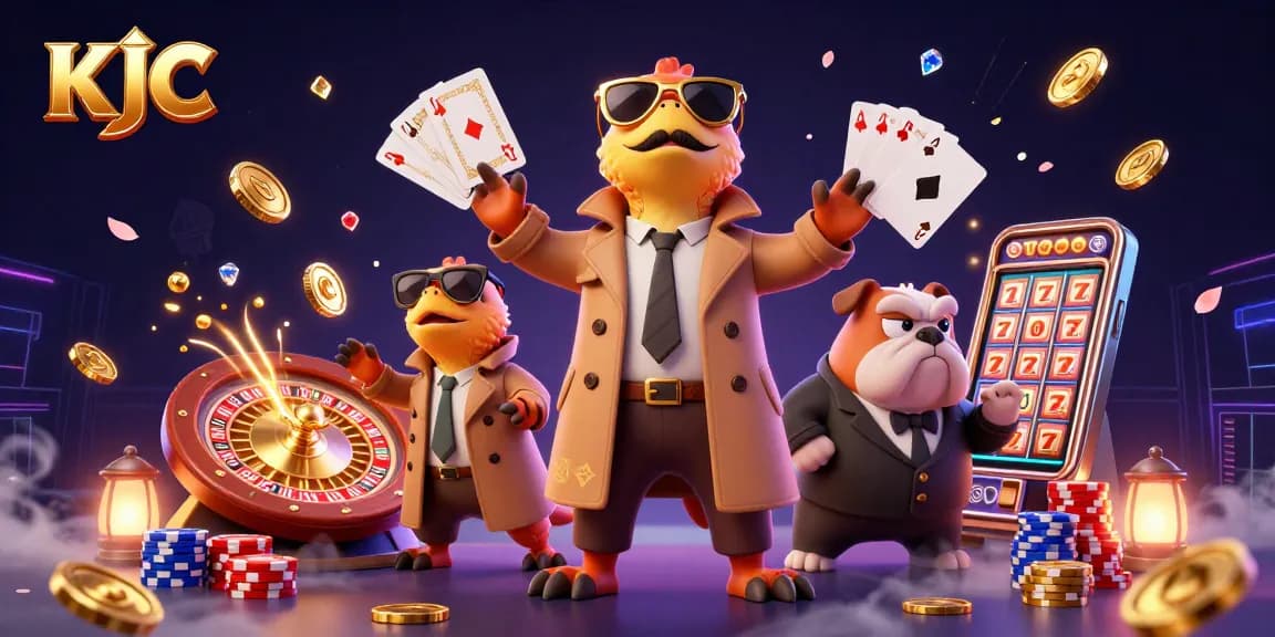 Experience thrilling gaming at KJC with raptors entering a VIP casino lounge amidst flying coins and gems.
