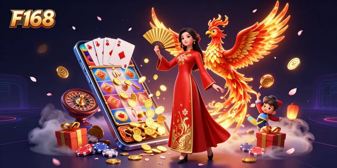 F168's thrilling gaming experience with vibrant colors featuring a woman in ao dai and a phoenix.