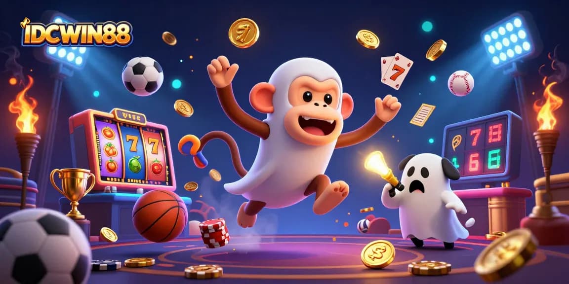Engaging scene showing IDCWIN88's playful mascot juggling golden casino tokens in a vibrant, haunted setting.