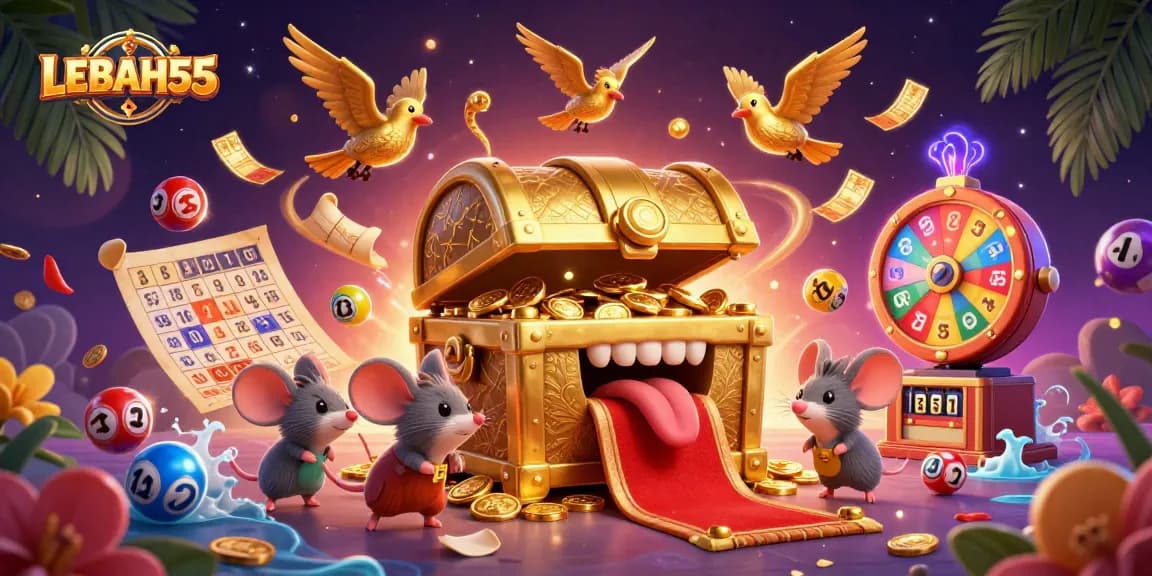 Experience exciting rewards with LEBAH55 - colorful lottery balls bouncing among vibrant gaming elements.