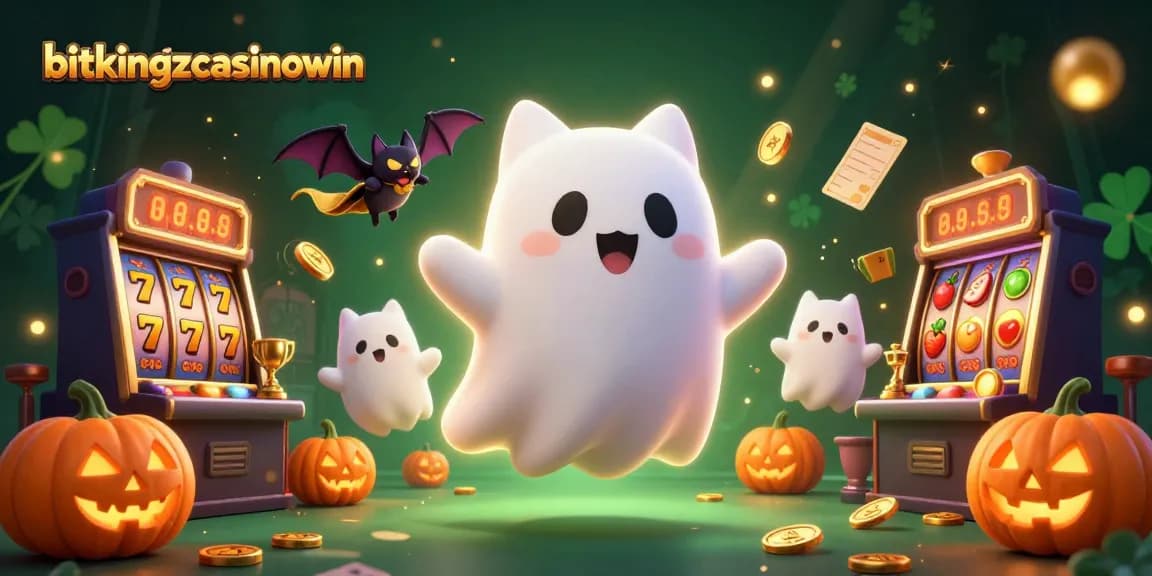 Spiele bei bitkingzcasinowin in einem lebhaften Casino mit Geistern und Jack-o-Lanterns.