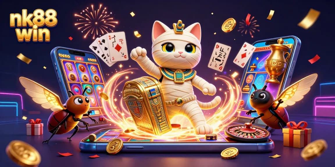 Win big with nk88 win, featuring a mummy cat in a vibrant casino scene filled with energy and excitement.