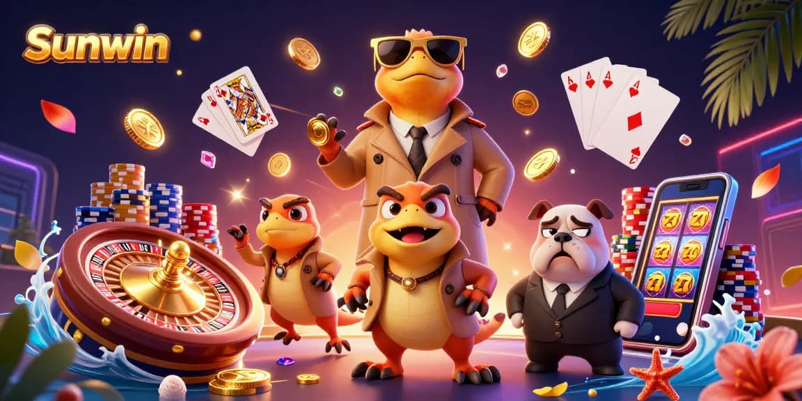 Experience the excitement of Sunwin while entering a VIP casino lounge with vibrant characters and action.