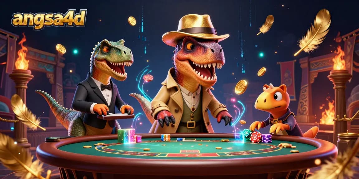 Angsa4d presents a lively cartoon scene with a velociraptor card counter, surrounded by vibrant casino elements.