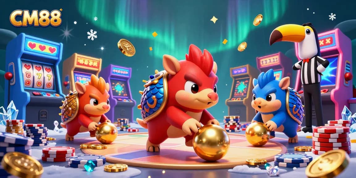 CM88 pangolins bowling through poker chips with arcade machines in a vibrant casino scene.