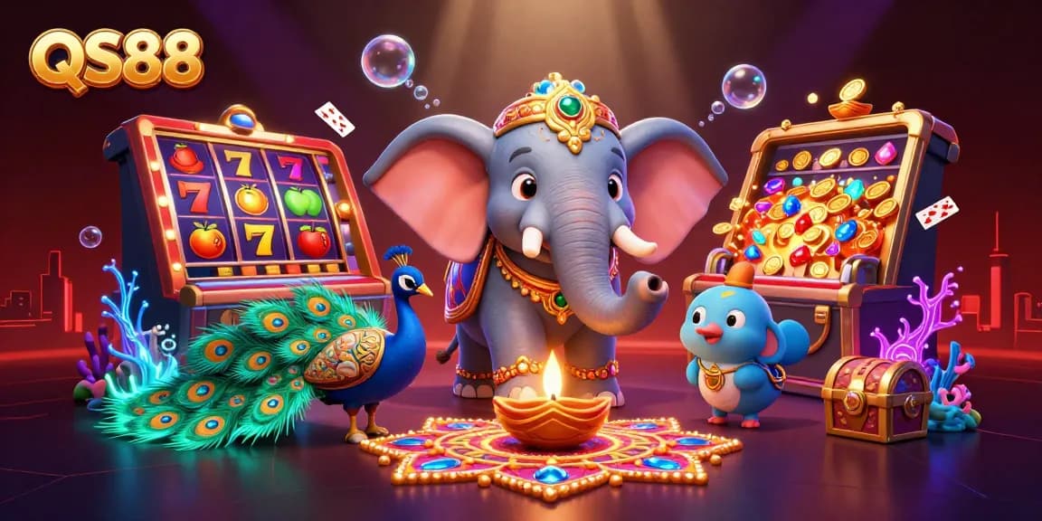 Experience the excitement of QS88 with vibrant casino elements, including colorful slot reels and glowing treasures.