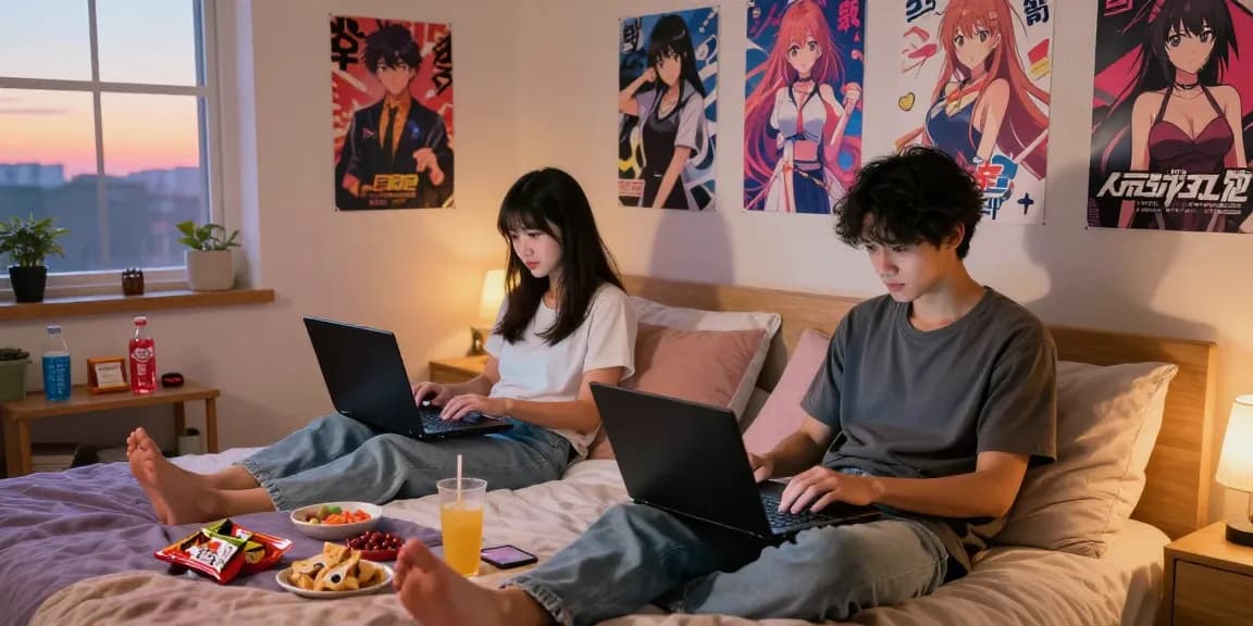Engaging scene of players enjoying hentai games in a cozy bedroom.