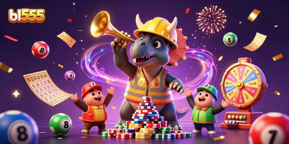 Engage with bl555 as the cheerful triceratops builds a casino-themed celebration.