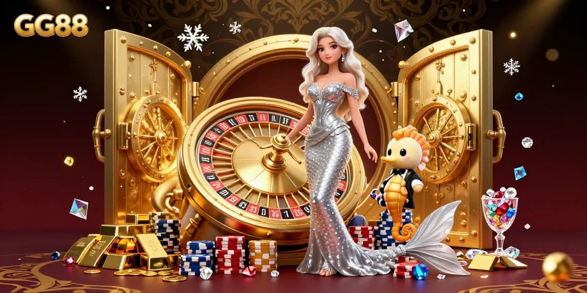 Experience gaming excitement with GG88 as a stunning mermaid interacts beside a golden roulette wheel, showcasing vibrant casino elements.