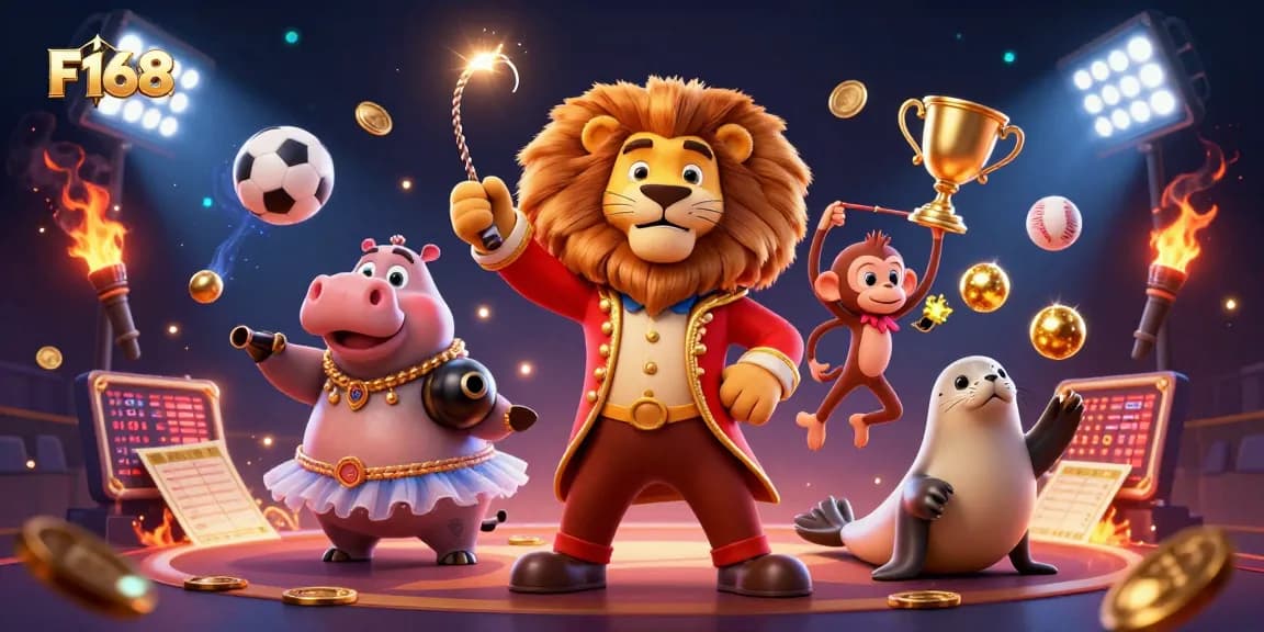 Experience the excitement of F168 with a dynamic scene of a circus-themed casino, featuring characters and sports elements.